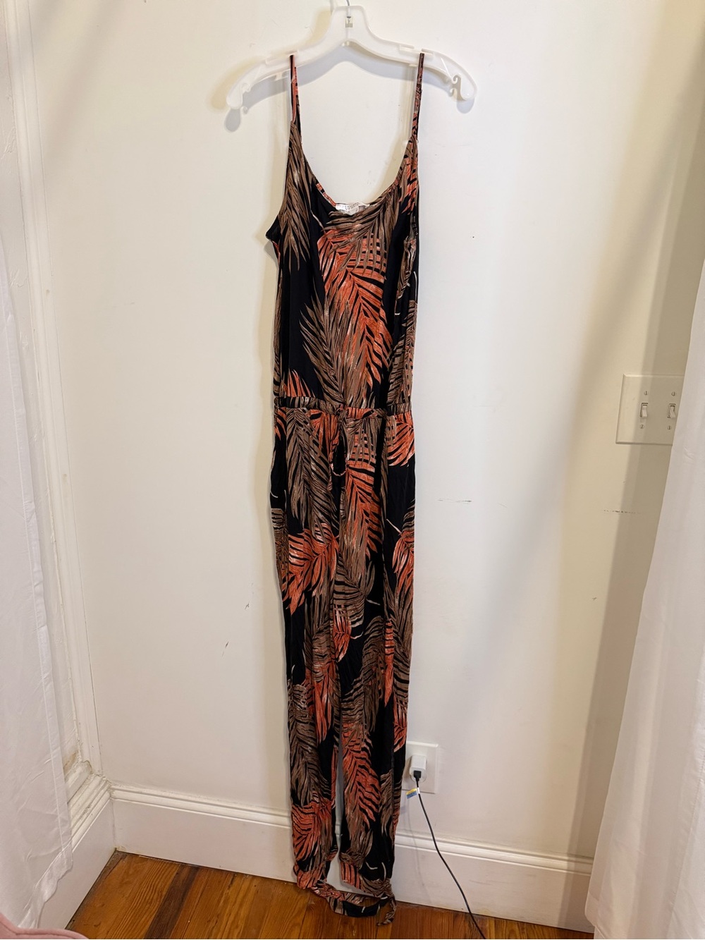 Tropical Palm-Print Black Jumpsuit with Orange Accents